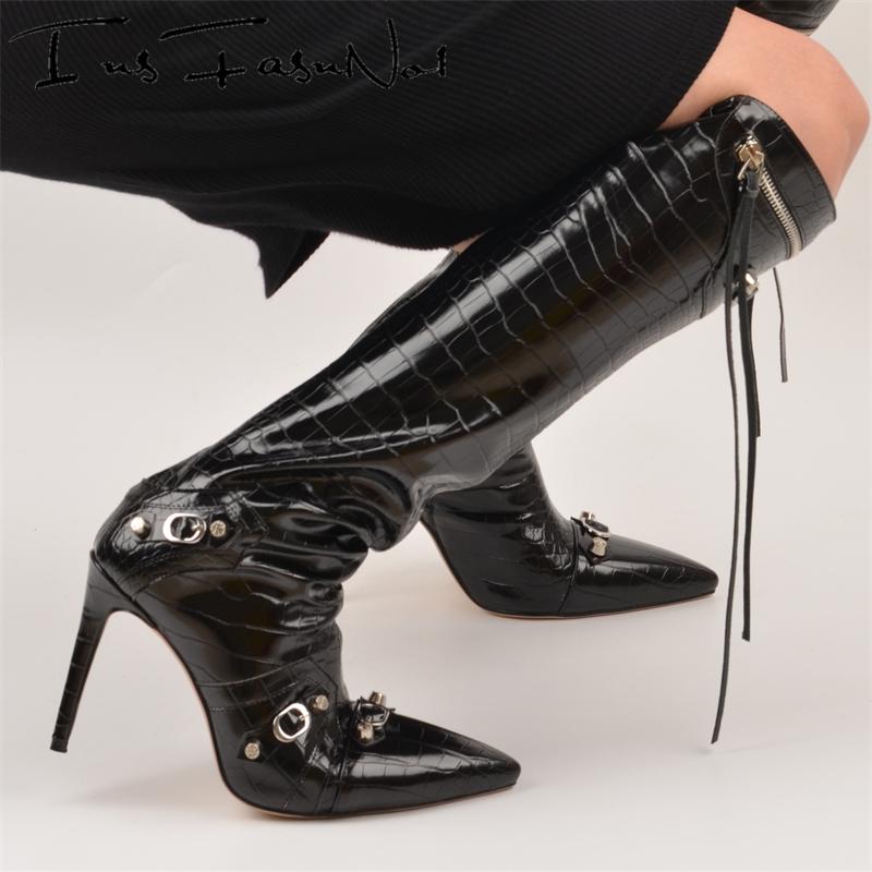 Designer Women Boots Spike High Heel Rivet Punk Motorcycle Botas Slim Tassel Black Knee Boots Buckles Zipper Decor Pointy Boots