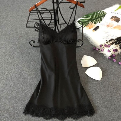 Damen Sexy Dessous Seidennachthemd Sommerkleid Spitze Nachtkleid Nachtwäsche Babydoll Nachthemd Satin Homewear Brustpolster Nachtwäsche