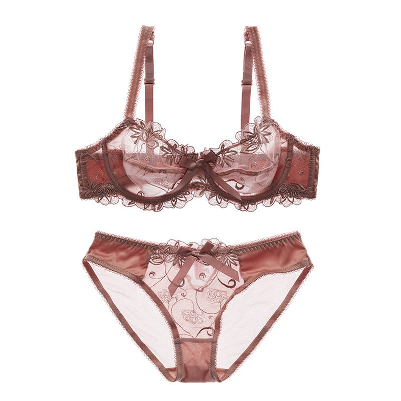 Stickerei-BHs Unterwäsche Damen Set Plus Size Dessous Sexy CD Cup Ultradünner transparenter BH