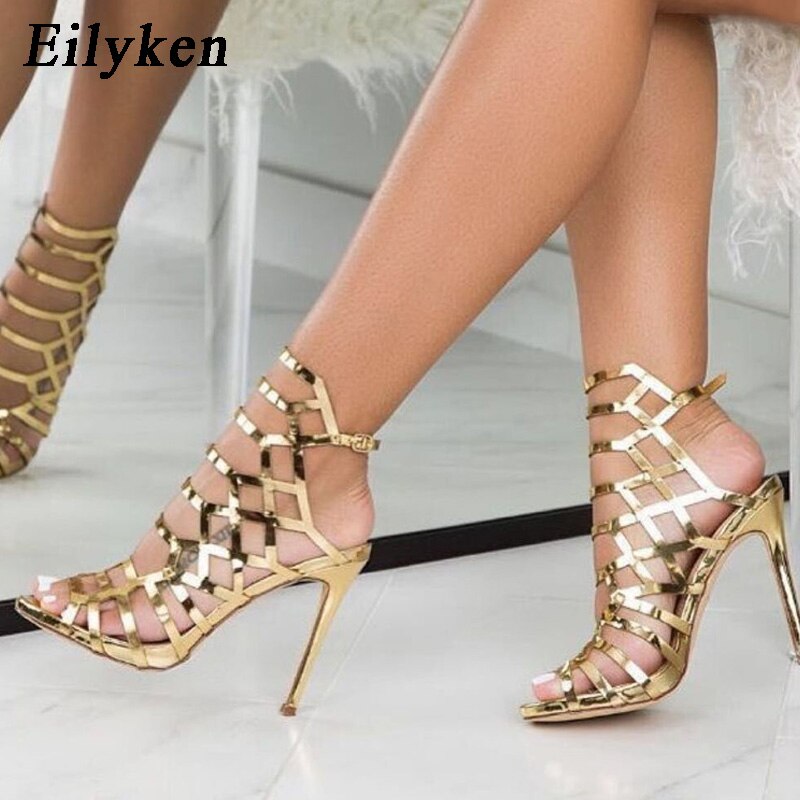 New Sexy Golden Gladiator Sandals Thin Heels Buckle Strap Wedding Pumps Platform Sandals