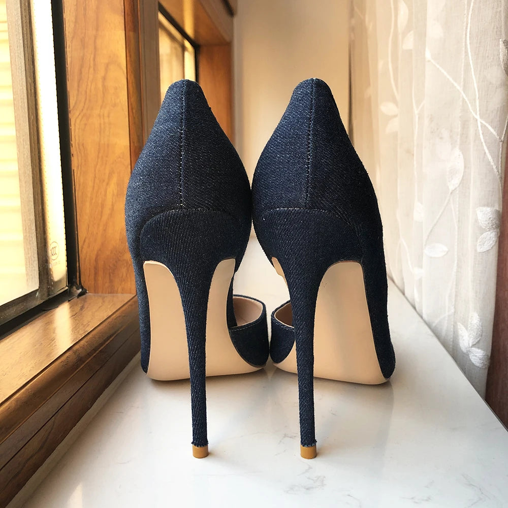 Frauen Navy Blau Denim Stoff Sexy Spitze Zehen High Heel Schuhe Elegante Bequeme Weiche Stiletto Pumps Plus 