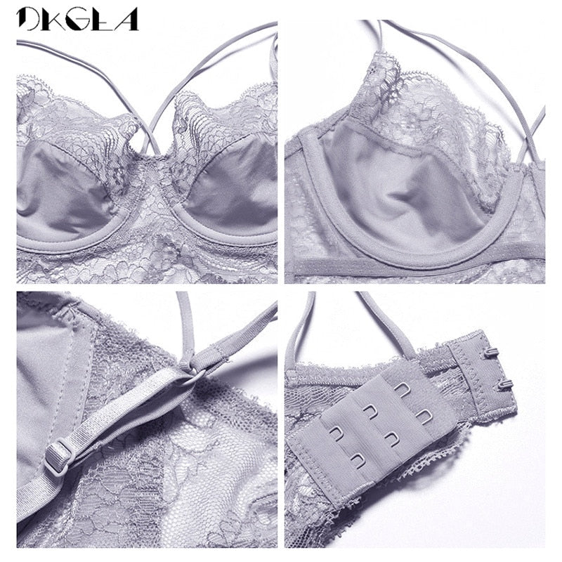 New High Waist Gray Bra Embroidery Lingerie Sets Fashion Brassiere Transparent Black Deep V Lace Underwear Women Bra Set