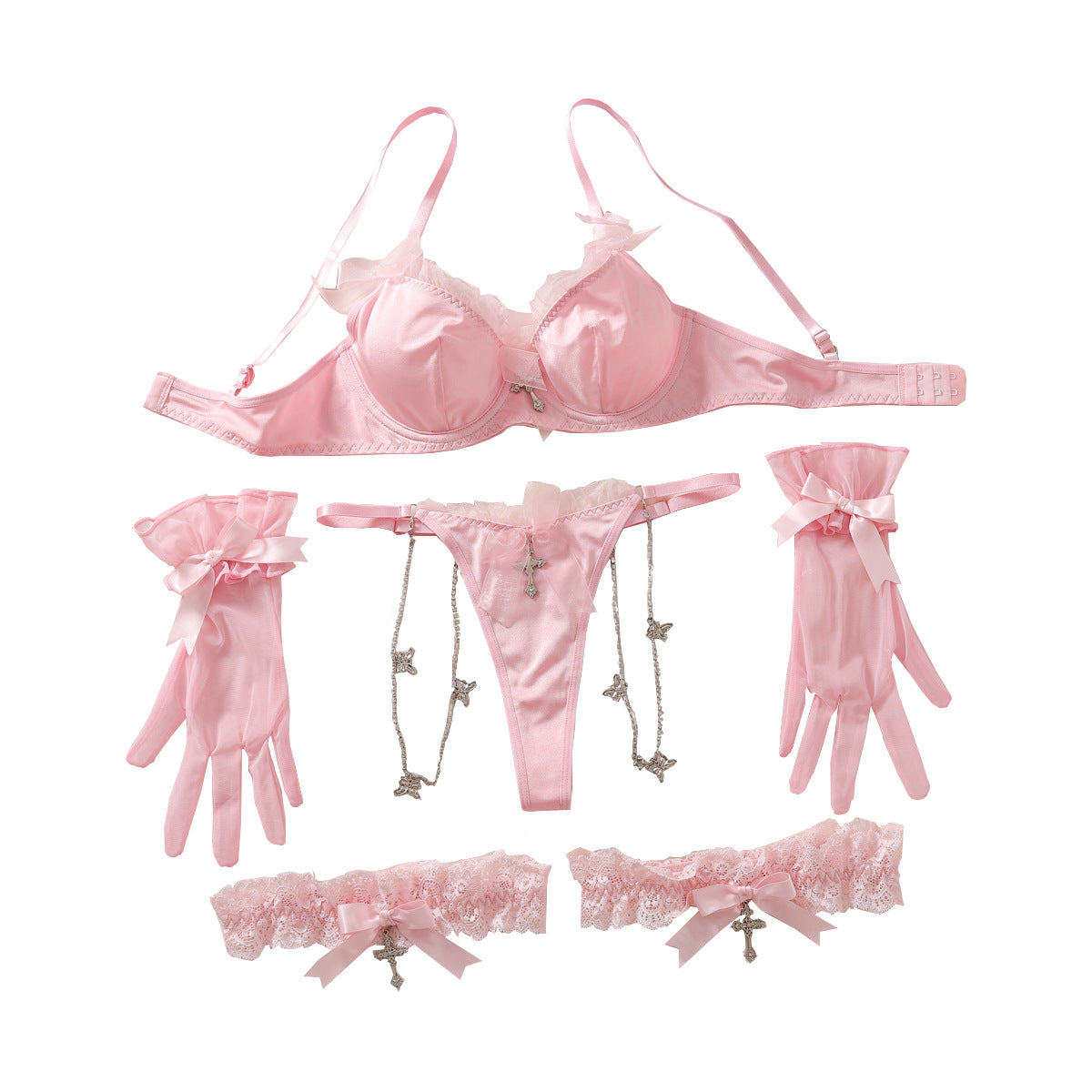 Japanese Cute Girl Pink Bow Sex Bra Set Elegant Lace Sexy Underwear Underwear Four Piece Set