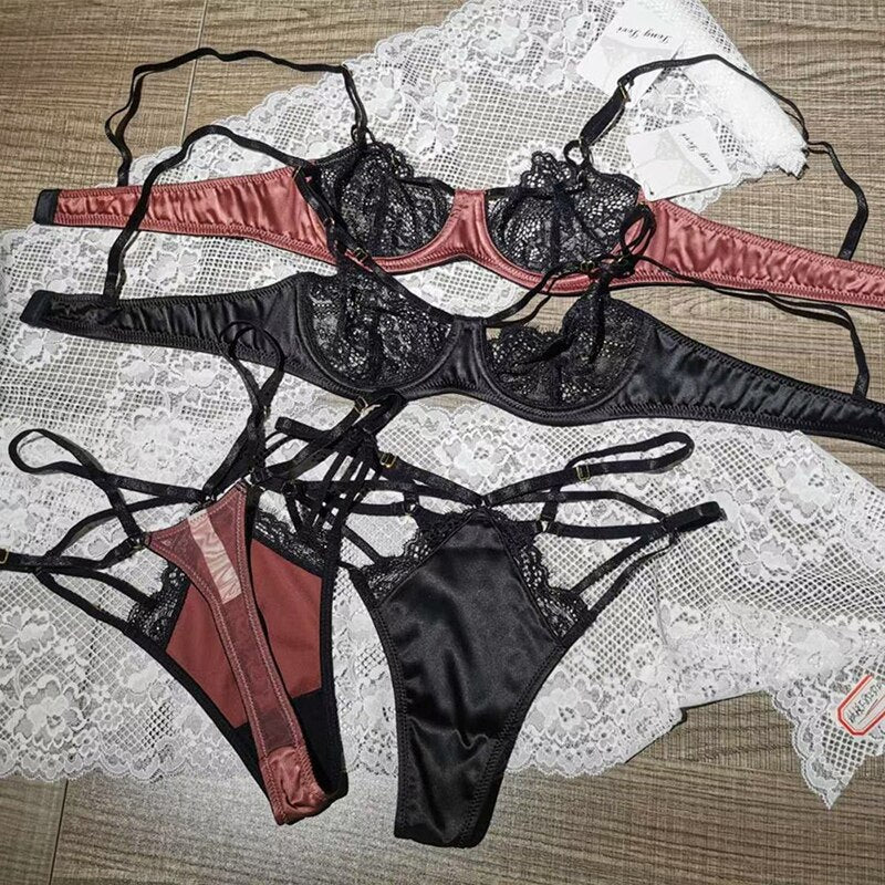 New Sexy Lace Bra and Thongs Set Underwear With Stones Unlined Transparent Bra Hollow Out Bandage Panties Women Lingerie