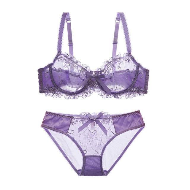 Stickerei-BHs Unterwäsche Damen Set Plus Size Dessous Sexy CD Cup Ultradünner transparenter BH