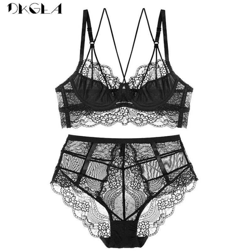 New High Waist Gray Bra Embroidery Lingerie Sets Fashion Brassiere Transparent Black Deep V Lace Underwear Women Bra Set