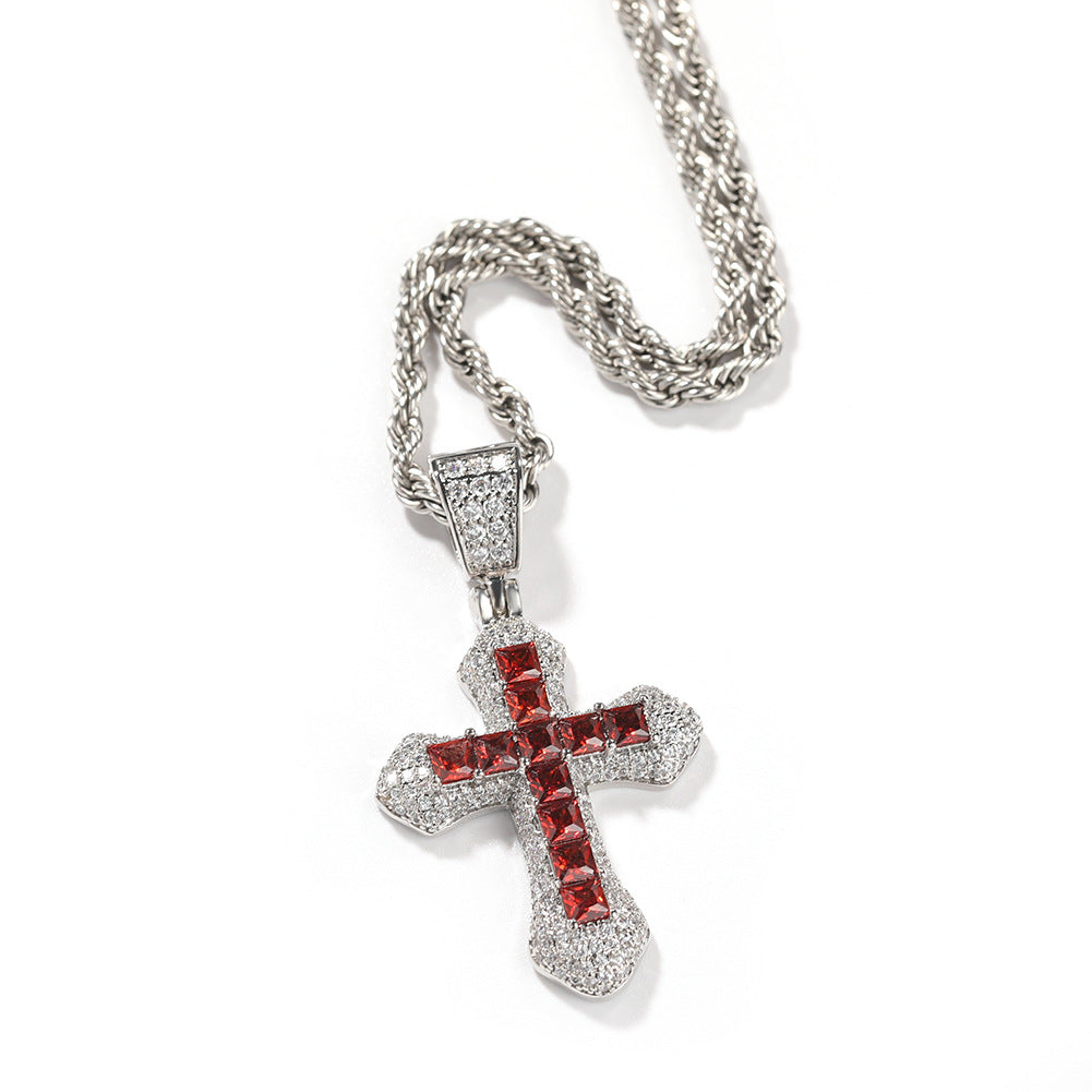 Blue Zircon Cross Necklace Hip Hop Fashion Heavy Industry Diamond Studded Versatile Sweater Chain