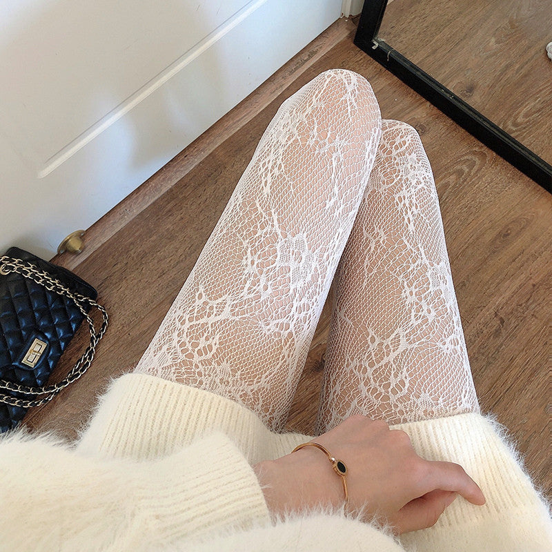 Japanese White Retro Lace Fishnet Stockings Lolita Spring And Summer Hollow Sexy Jacquard Pantyhose Milk White Stockings Women