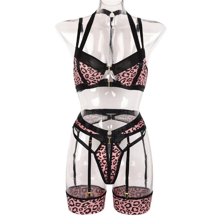 Sexy Dessous Dreiteiliges Set Sexy Leopardenmuster Nähschnalle Schwere Handwerkskunst Mit Fußring