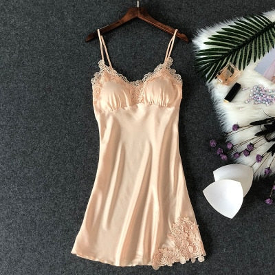 Damen Sexy Dessous Seidennachthemd Sommerkleid Spitze Nachtkleid Nachtwäsche Babydoll Nachthemd Satin Homewear Brustpolster Nachtwäsche