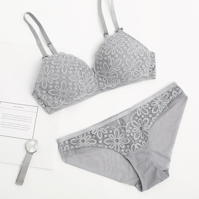 Sexy 3/4-Körbchen-BH-Sets aus Spitze für Damen, kabellos, dünne Baumwolle, atmungsaktiv, bequeme Unterwäsche, einfarbiges Dessous-Set