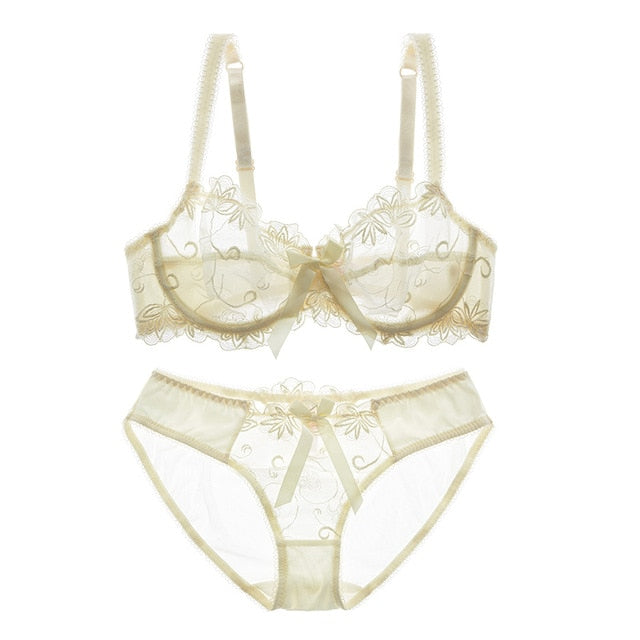 Stickerei-BHs Unterwäsche Damen Set Plus Size Dessous Sexy CD Cup Ultradünner transparenter BH