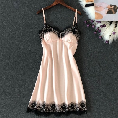 Damen Sexy Dessous Seidennachthemd Sommerkleid Spitze Nachtkleid Nachtwäsche Babydoll Nachthemd Satin Homewear Brustpolster Nachtwäsche