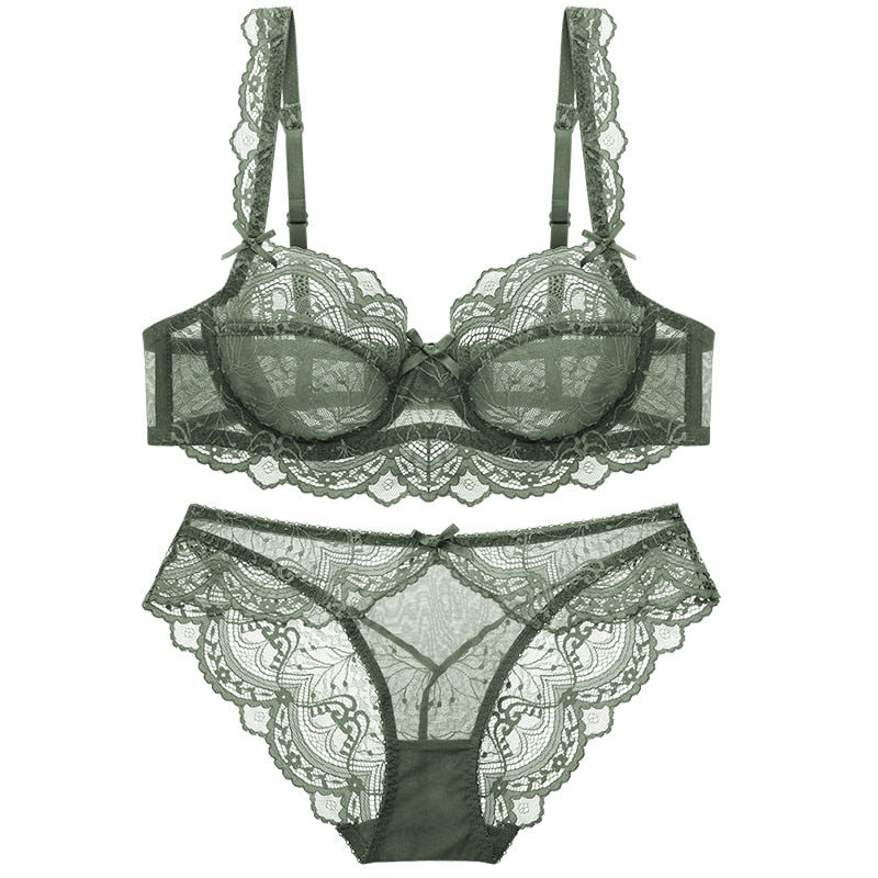 Sexy Spitzen-Set mit ultradünnem, transparentem BH und Höschen in großer Größe, Unterwäsche-Set, Dessous, Damen-Büstenhalter, ABCDE-Cup, 95C 95D 