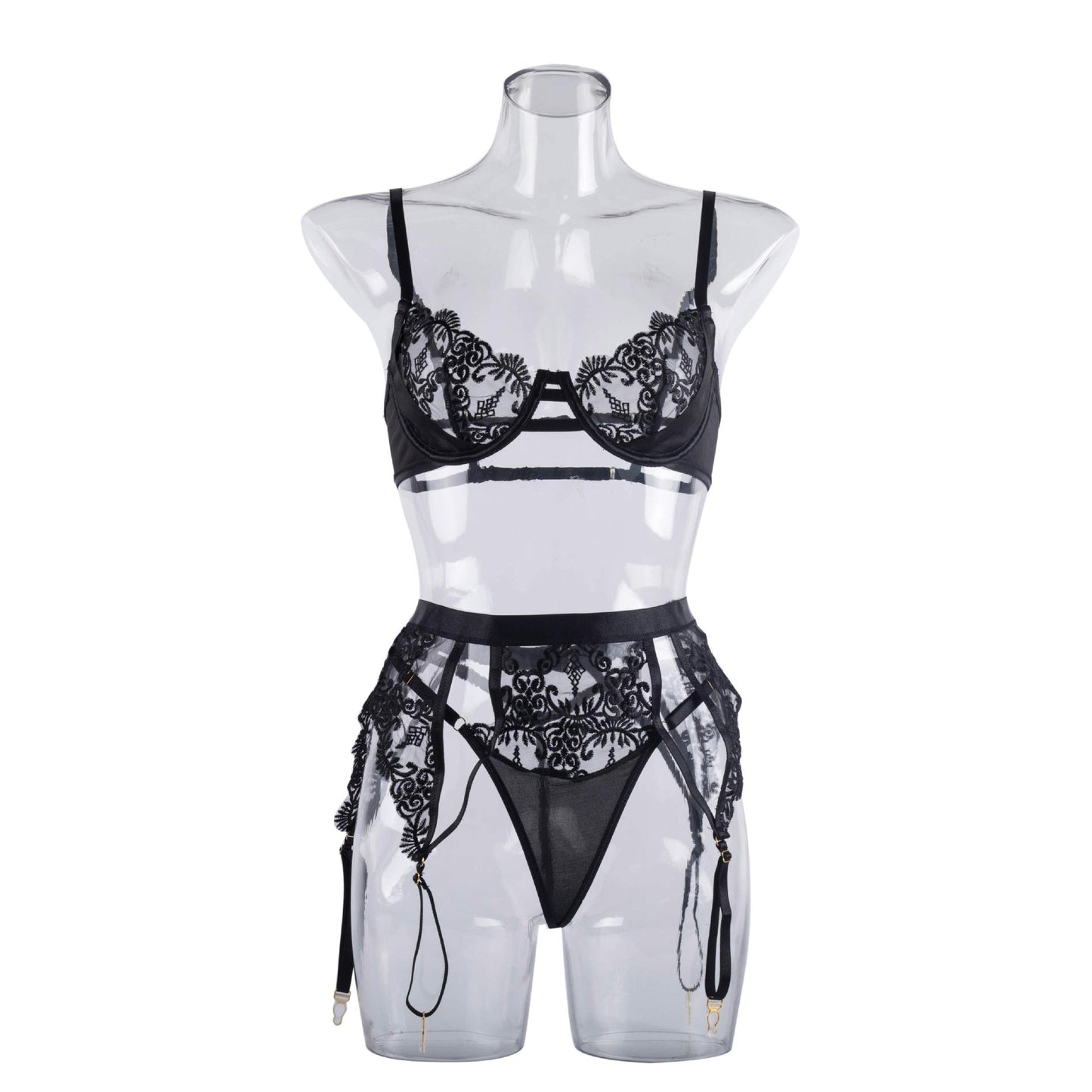 New black lace sexy splicing perspective slim fit lingerie set