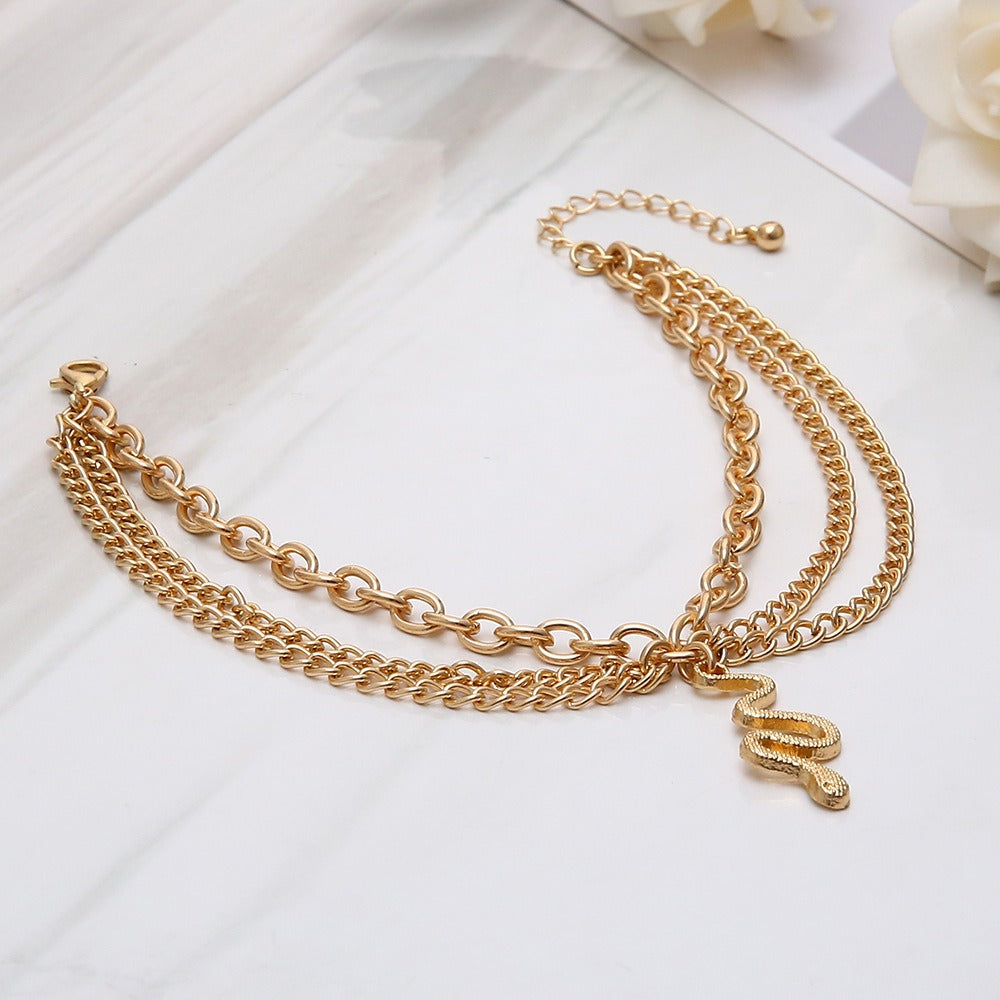 Gold Cross Chain Feet with Tassel Snake Pendant Three Layer Feet Chain