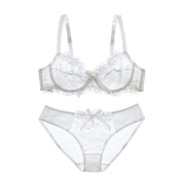 Stickerei-BHs Unterwäsche Damen Set Plus Size Dessous Sexy CD Cup Ultradünner transparenter BH