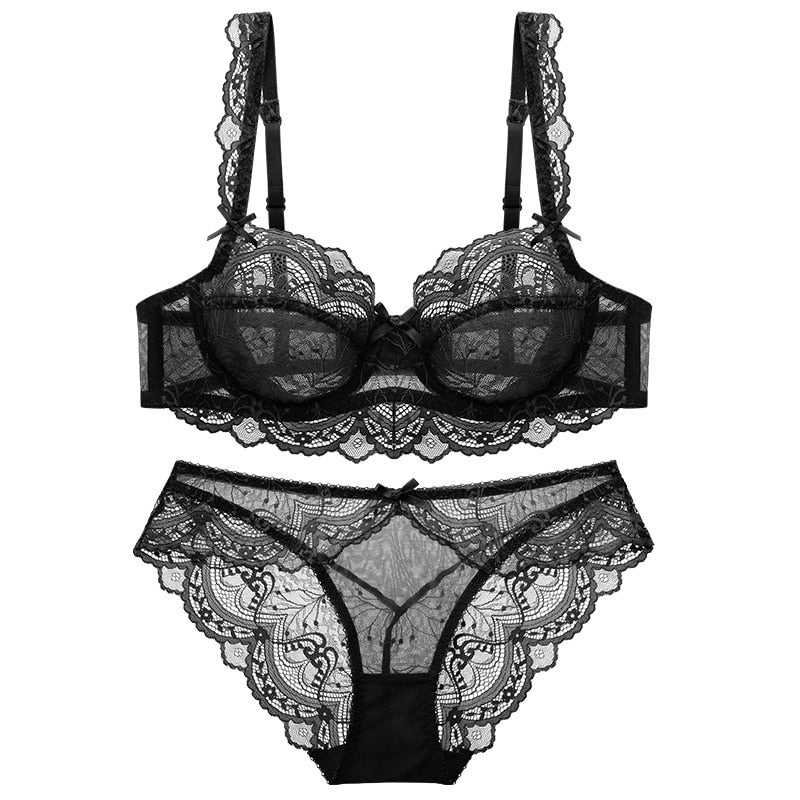 Sexy Spitzen-Set mit ultradünnem, transparentem BH und Höschen in großer Größe, Unterwäsche-Set, Dessous, Damen-Büstenhalter, ABCDE-Cup, 95C 95D 