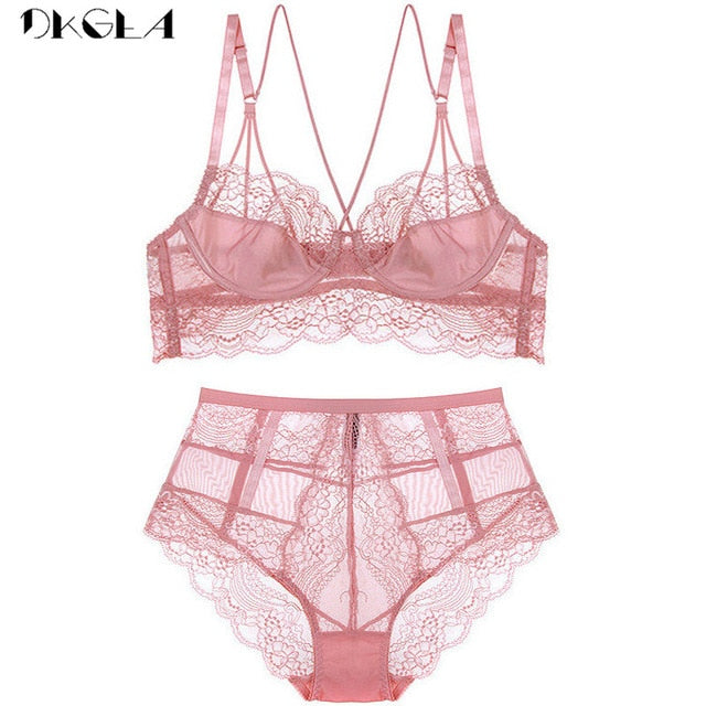 New High Waist Gray Bra Embroidery Lingerie Sets Fashion Brassiere Transparent Black Deep V Lace Underwear Women Bra Set