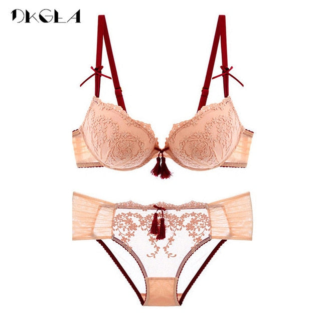 Palace Tassel Bra Set Push up Thick Cotton Brassiere Embroider Lingerie Set Lace Sexy Bras Women Underwear Set