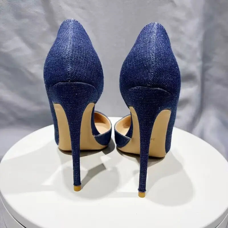 Frauen Navy Blau Denim Stoff Sexy Spitze Zehen High Heel Schuhe Elegante Bequeme Weiche Stiletto Pumps Plus 