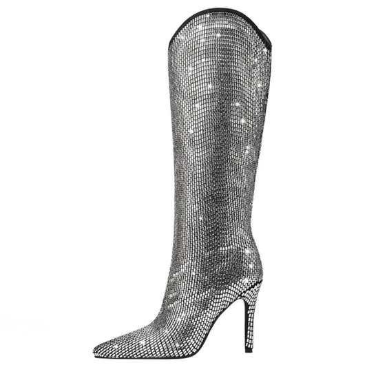 New Women's Pointed Toe Thin High Heel Rhinestone Long Boots Fashion Sexy Nightclub Party Knee Long Boots