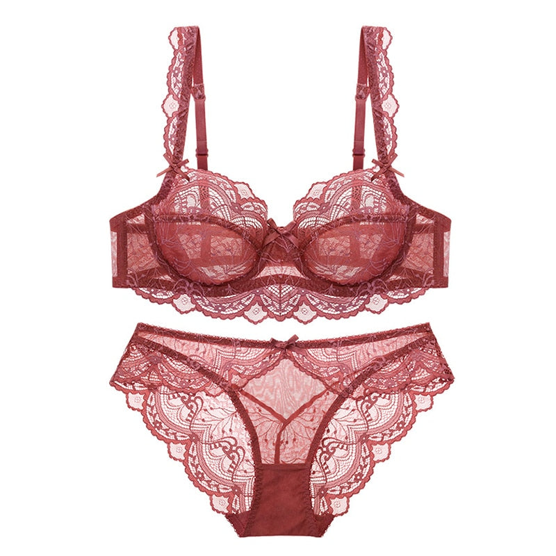 Sexy Spitzen-Set mit ultradünnem, transparentem BH und Höschen in großer Größe, Unterwäsche-Set, Dessous, Damen-Büstenhalter, ABCDE-Cup, 95C 95D 