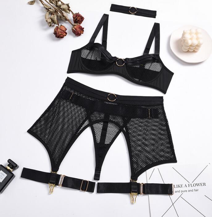 Sexy Dessous Vierteiliges Set Mesh Eisenring Nähte Kragengitter Sexy Damenunterwäsche