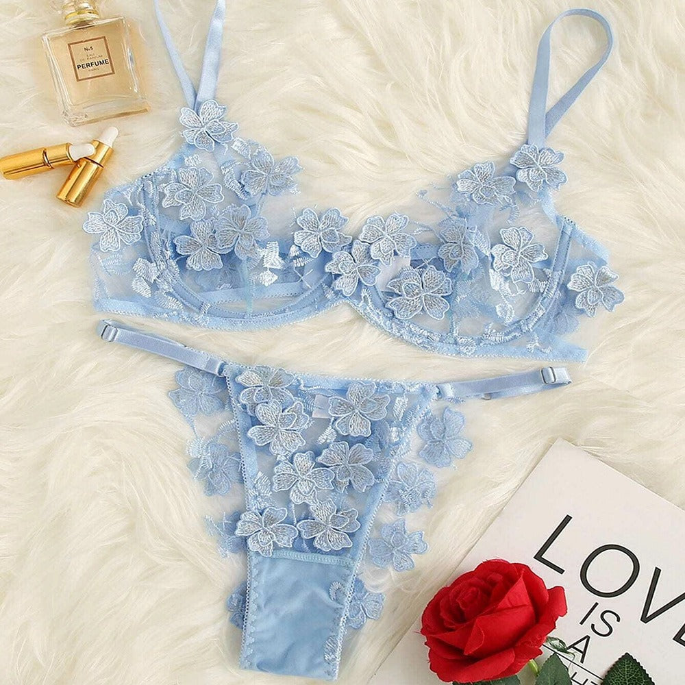 Funny Set Women's Small Fresh Flower Embroidery Applique Mesh Sexy Bra Underwear