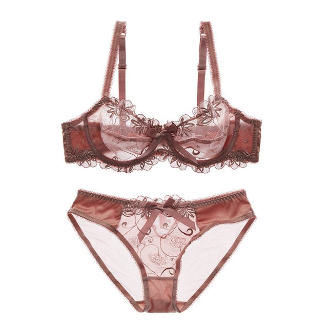 Stickerei-BHs Unterwäsche Damen Set Plus Size Dessous Sexy CD Cup Ultradünner transparenter BH