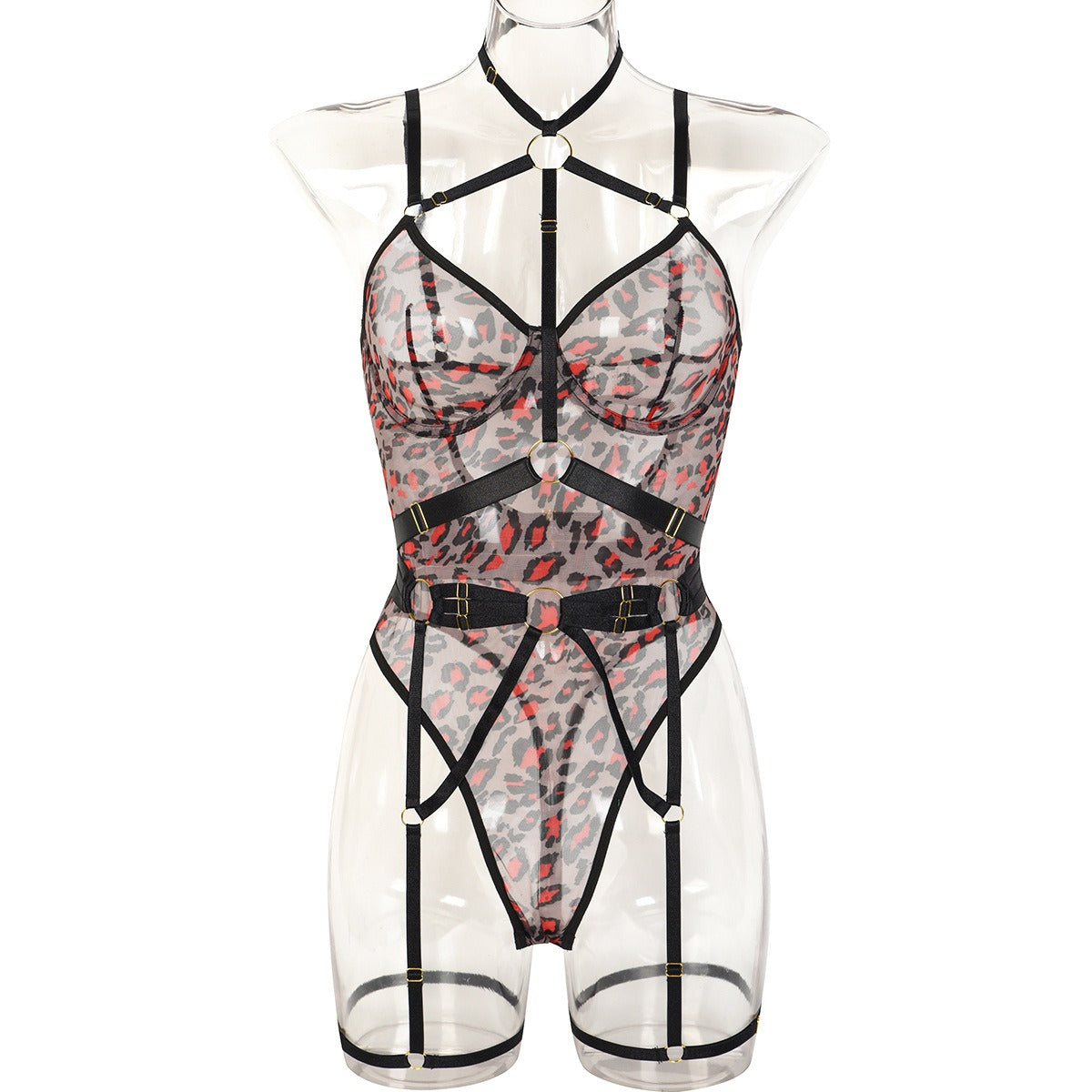 New Leopard Print See Through Mesh Bandage Sexy Lingerie With Underwire Sexy Body Shaping Jumpsuit