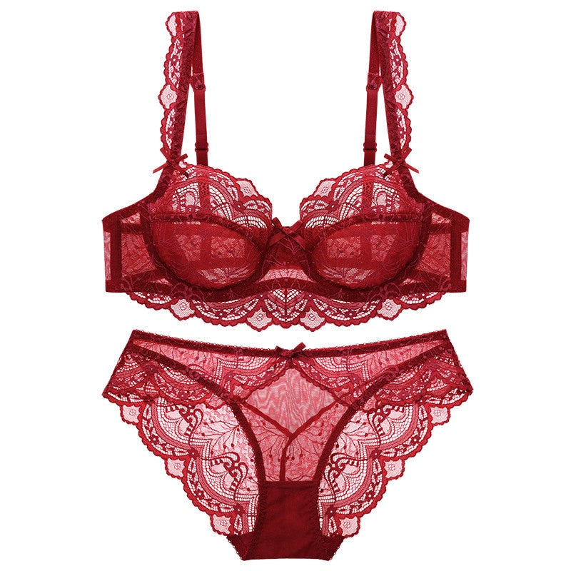 Sexy Spitzen-Set mit ultradünnem, transparentem BH und Höschen in großer Größe, Unterwäsche-Set, Dessous, Damen-Büstenhalter, ABCDE-Cup, 95C 95D 