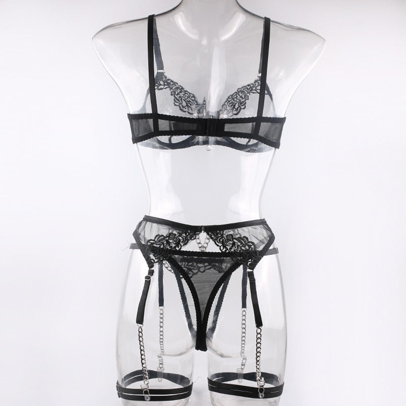 Fashion New Style With Metal Chain Embroidery Sexy Underwear Four-Piece Set With Leg Girt