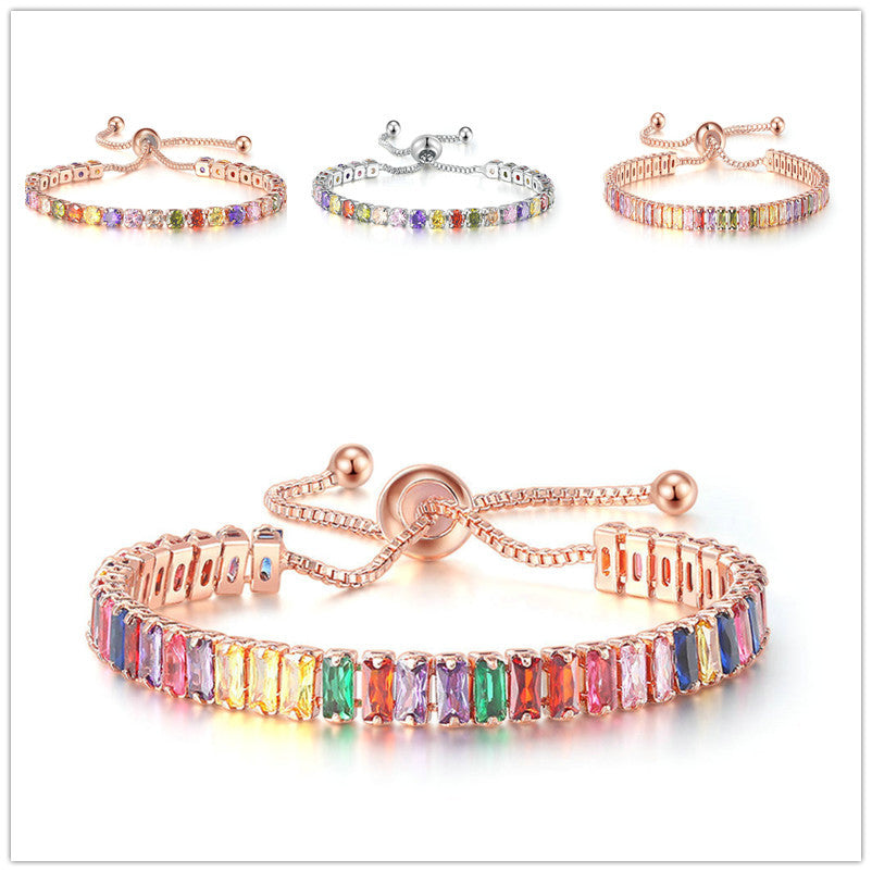 Farbiges Zirkon-Armband für Damen, voller Diamanten, verstellbare Kristall-Tenniskette