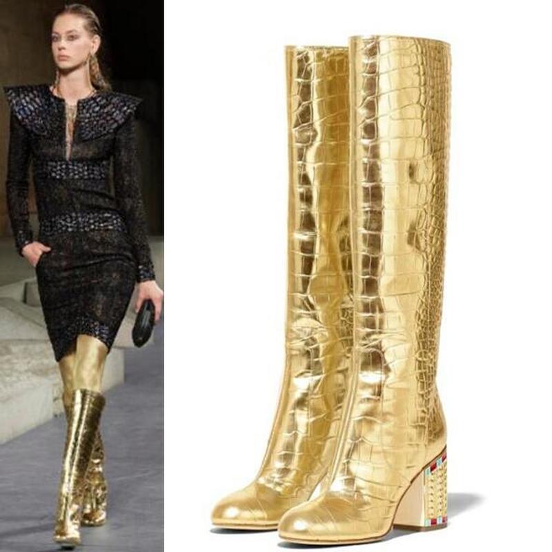 Damen Stiefel mit spitzer Zehenpartie und Krokodilmuster, goldene Glitzer-Strasssteine, kniehohe Overknee-Stiefel mit Blockabsatz, echtes Leder 