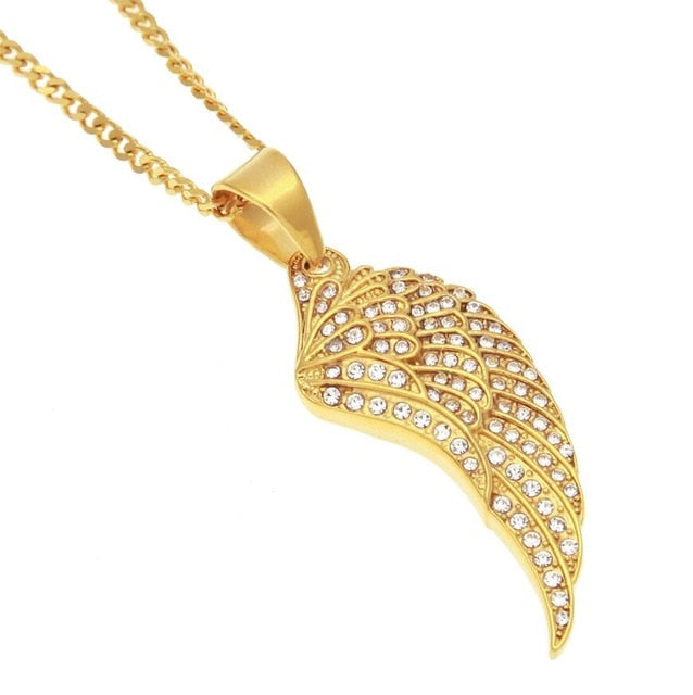 Feather Wing Pendant Necklace High Quality Stainless Steel Hiphop Gold Color Iced Out Rhinestones Chain