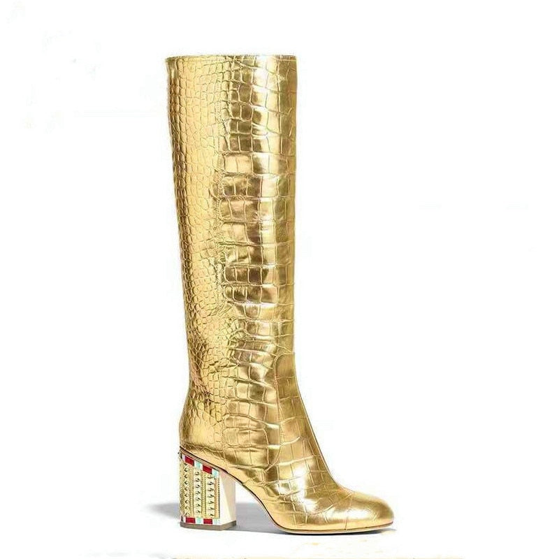 Damen Stiefel mit spitzer Zehenpartie und Krokodilmuster, goldene Glitzer-Strasssteine, kniehohe Overknee-Stiefel mit Blockabsatz, echtes Leder 