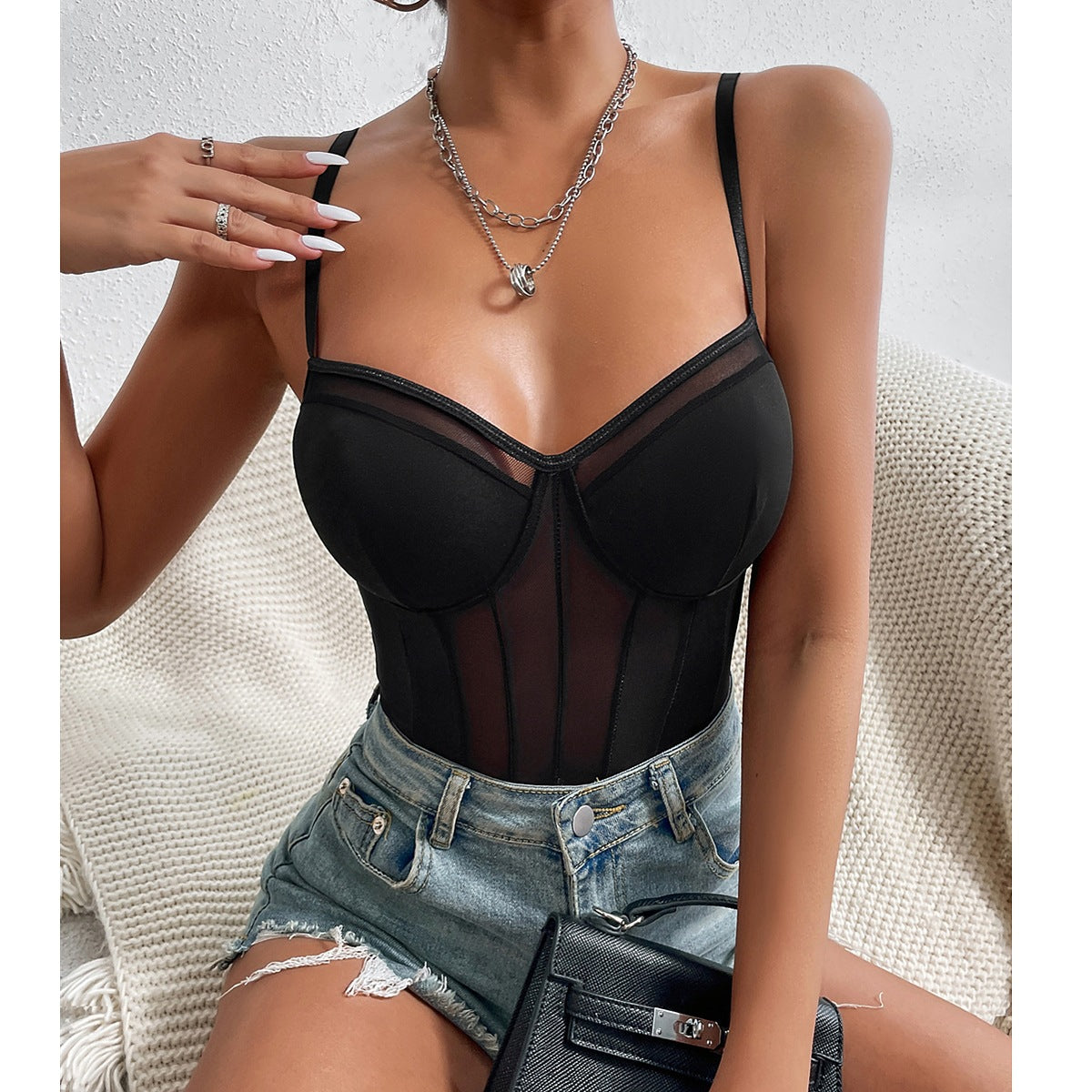 Sommer Neue Sexy Durchsichtige Rückenfreie Spitze Fishbone Nähte Overall Bodysuit 