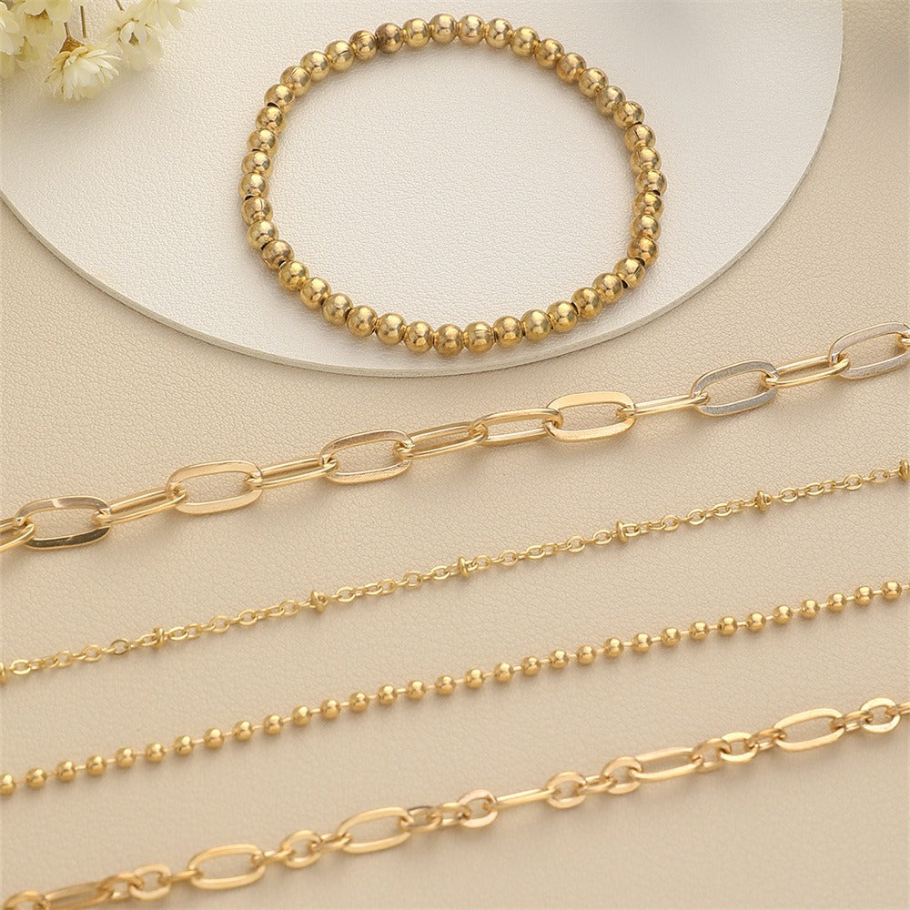 Elastic cord beaded chain simple paper clip thick chain versatile beaded bracelet 5 piece set