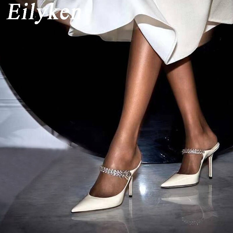 Fashion Design Crystal Pumps Women Sexy Pointed Toe High Heels Sandals Wedding Bride Prom Mules Slippers Shoes