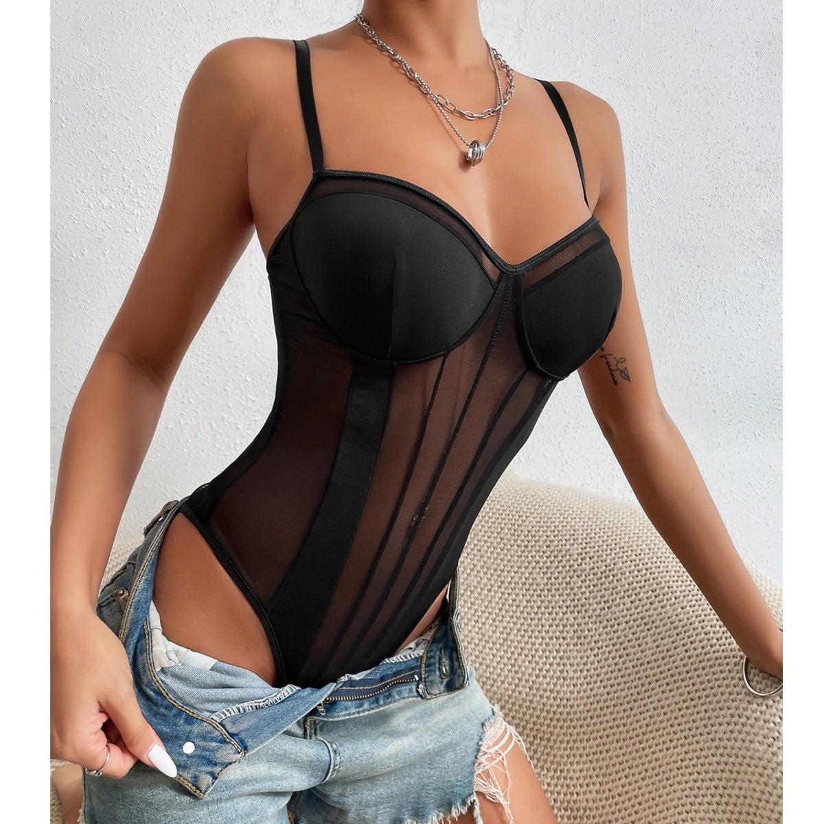 Sommer Neue Sexy Durchsichtige Rückenfreie Spitze Fishbone Nähte Overall Bodysuit 