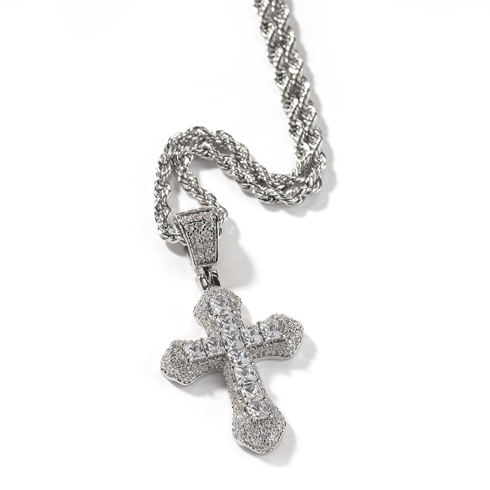 Blue Zircon Cross Necklace Hip Hop Fashion Heavy Industry Diamond Studded Versatile Sweater Chain