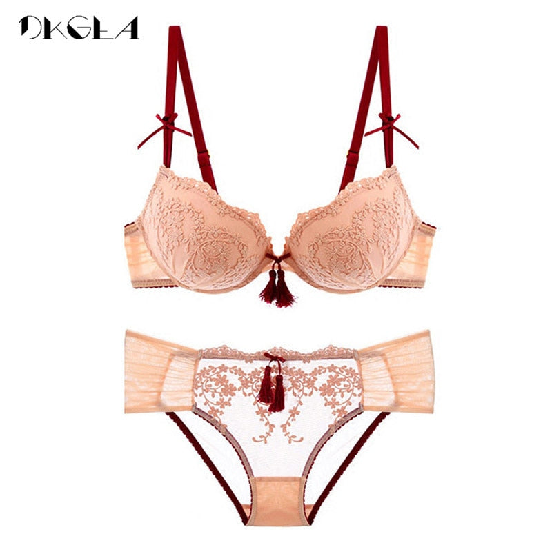 Palace Tassel Bra Set Push up Thick Cotton Brassiere Embroider Lingerie Set Lace Sexy Bras Women Underwear Set