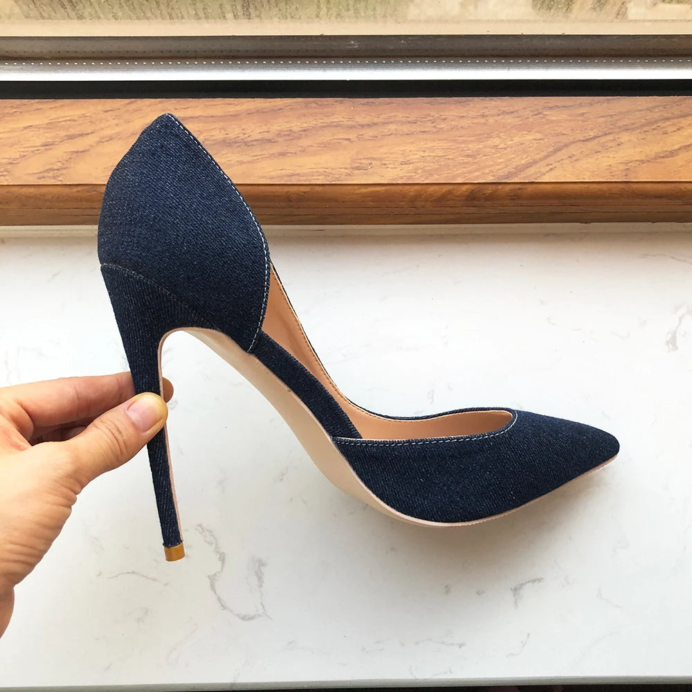 Frauen Navy Blau Denim Stoff Sexy Spitze Zehen High Heel Schuhe Elegante Bequeme Weiche Stiletto Pumps Plus 