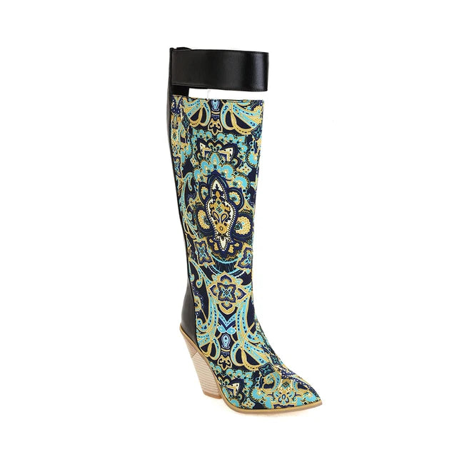 Paisley Pattern Super High Wedge Heel Women's Knee-Length Boots Oversized Pointed Toe Zip Fabric Stitching Microfiber Long Boots