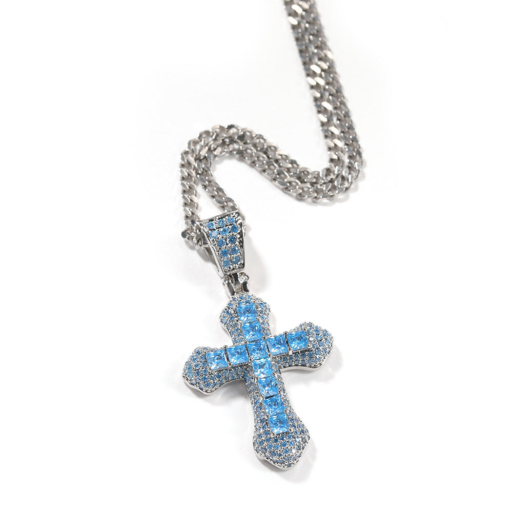 Blue Zircon Cross Necklace Hip Hop Fashion Heavy Industry Diamond Studded Versatile Sweater Chain