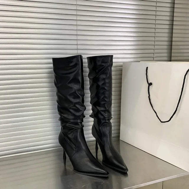 Pointed Toe Pleated Slip-On Knee-High Boots Stiletto Black Long Botines White High Heel Knight Botas Femininas Women Shoes