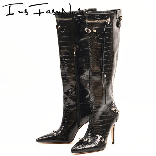 Designer Women Boots Spike High Heel Rivet Punk Motorcycle Botas Slim Tassel Black Knee Boots Buckles Zipper Decor Pointy Boots