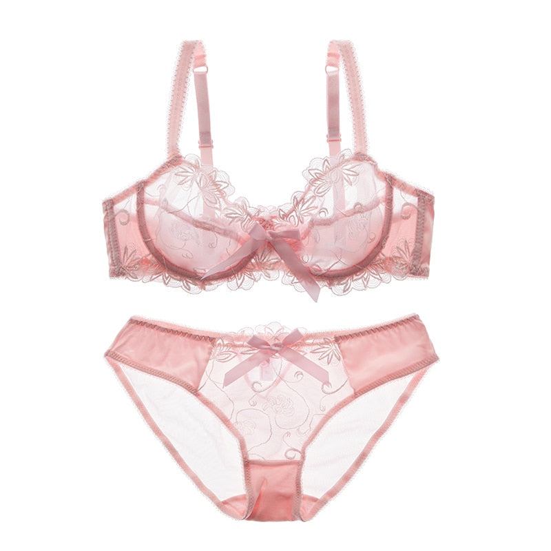 Stickerei-BHs Unterwäsche Damen Set Plus Size Dessous Sexy CD Cup Ultradünner transparenter BH