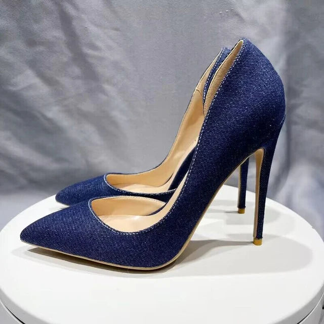 Frauen Navy Blau Denim Stoff Sexy Spitze Zehen High Heel Schuhe Elegante Bequeme Weiche Stiletto Pumps Plus 